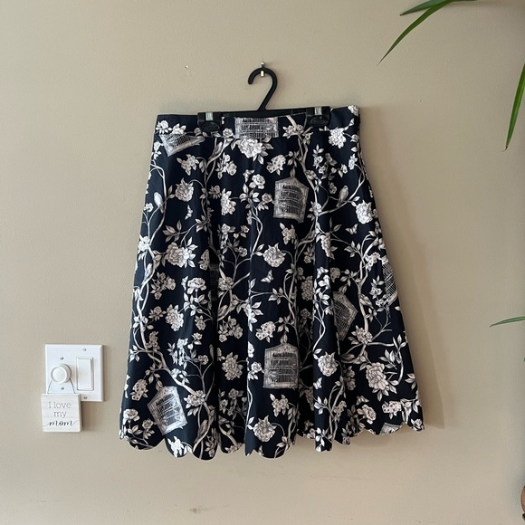 Talbots Black/Grey/White Bird Cages/Floral/Branches Print A-Line Skirt - Picture 7 of 14